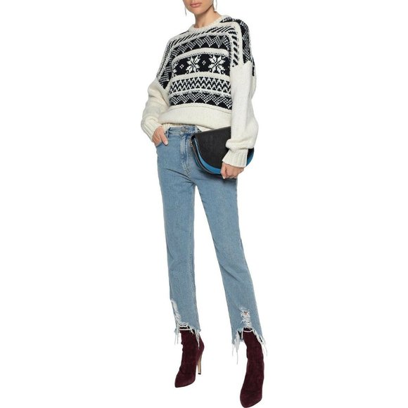 MAJE Womens Size M Mockoon Fair Isle Intarsia-Knit Wool Blend Sweater Ecru Navy